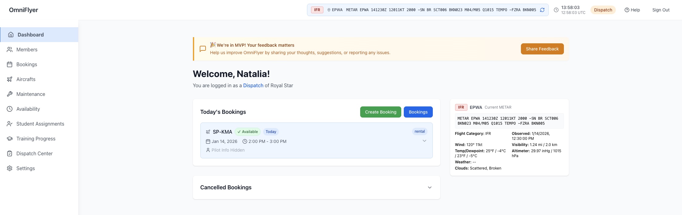 OmniFlyer dashboard showing aircraft scheduling and fleet management interface
